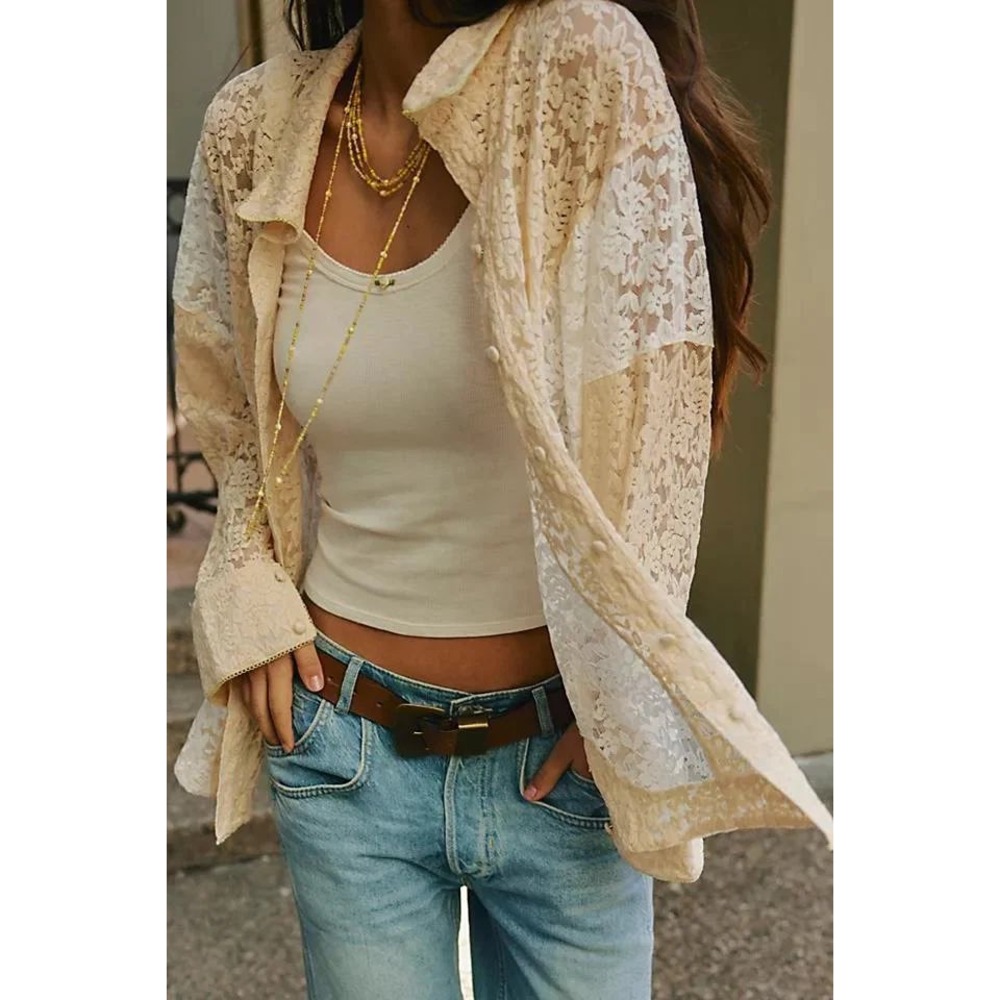 Free People Intimately All Day Lace House Shirt Ivory Cream Floral Button Down